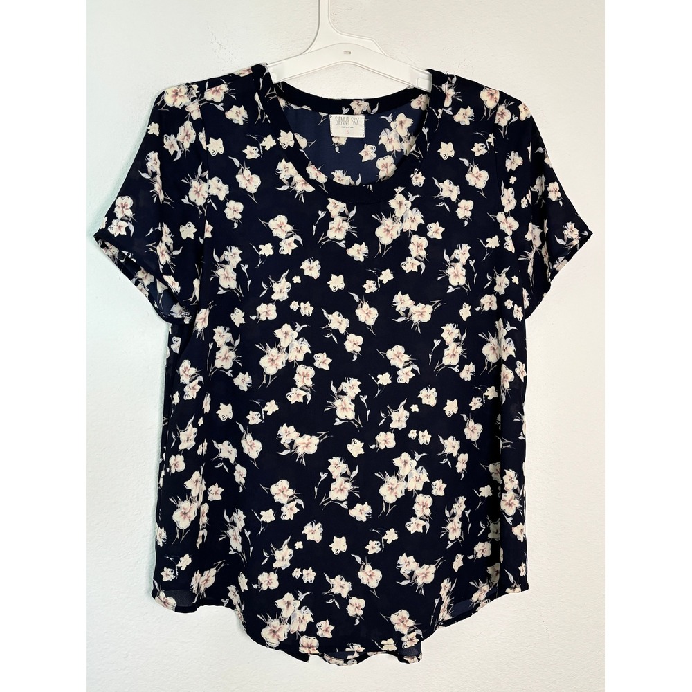 Sienna Sky Navy Blue Floral Short Sleeve Blouse Top Small